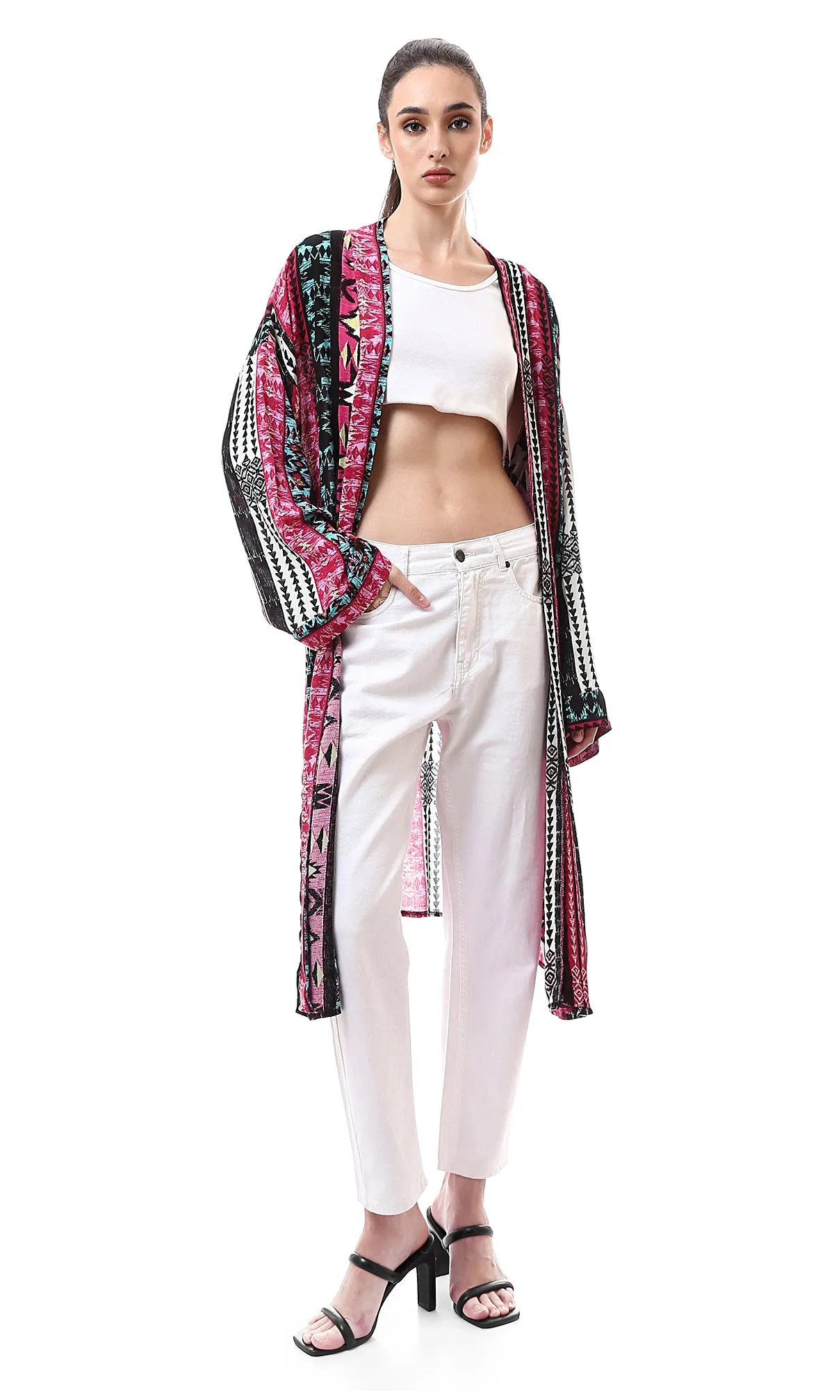 99010 Multi-Patterns Lightweight Cardigan With Slits - Multicolour