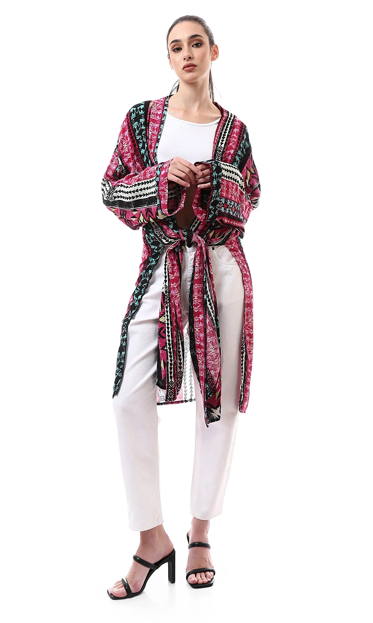 99010 Multi-Patterns Lightweight Cardigan With Slits - Multicolour