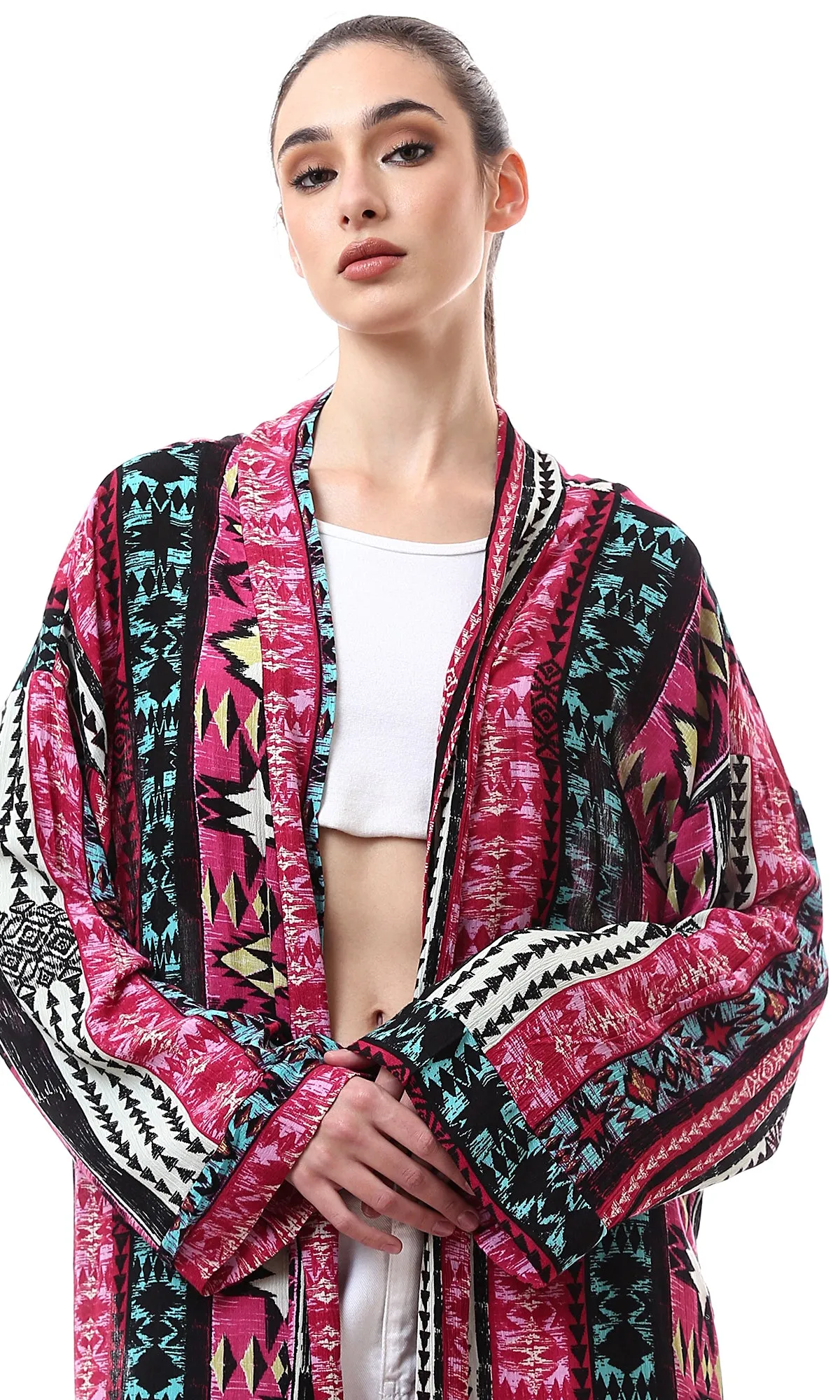 99010 Multi-Patterns Lightweight Cardigan With Slits - Multicolour