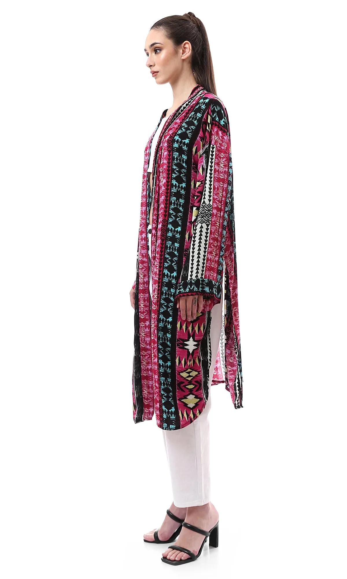 99010 Multi-Patterns Lightweight Cardigan With Slits - Multicolour