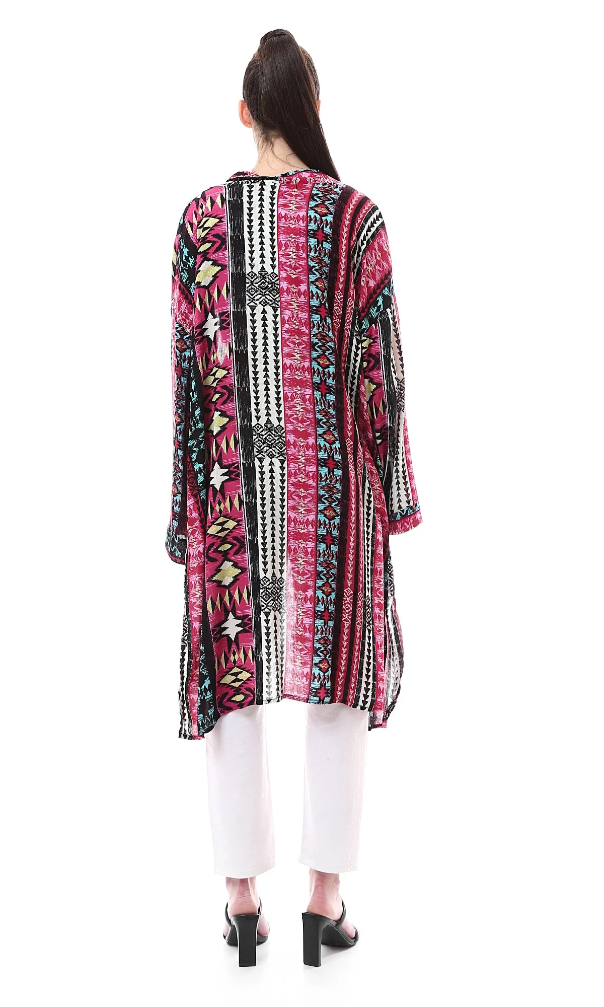 99010 Multi-Patterns Lightweight Cardigan With Slits - Multicolour