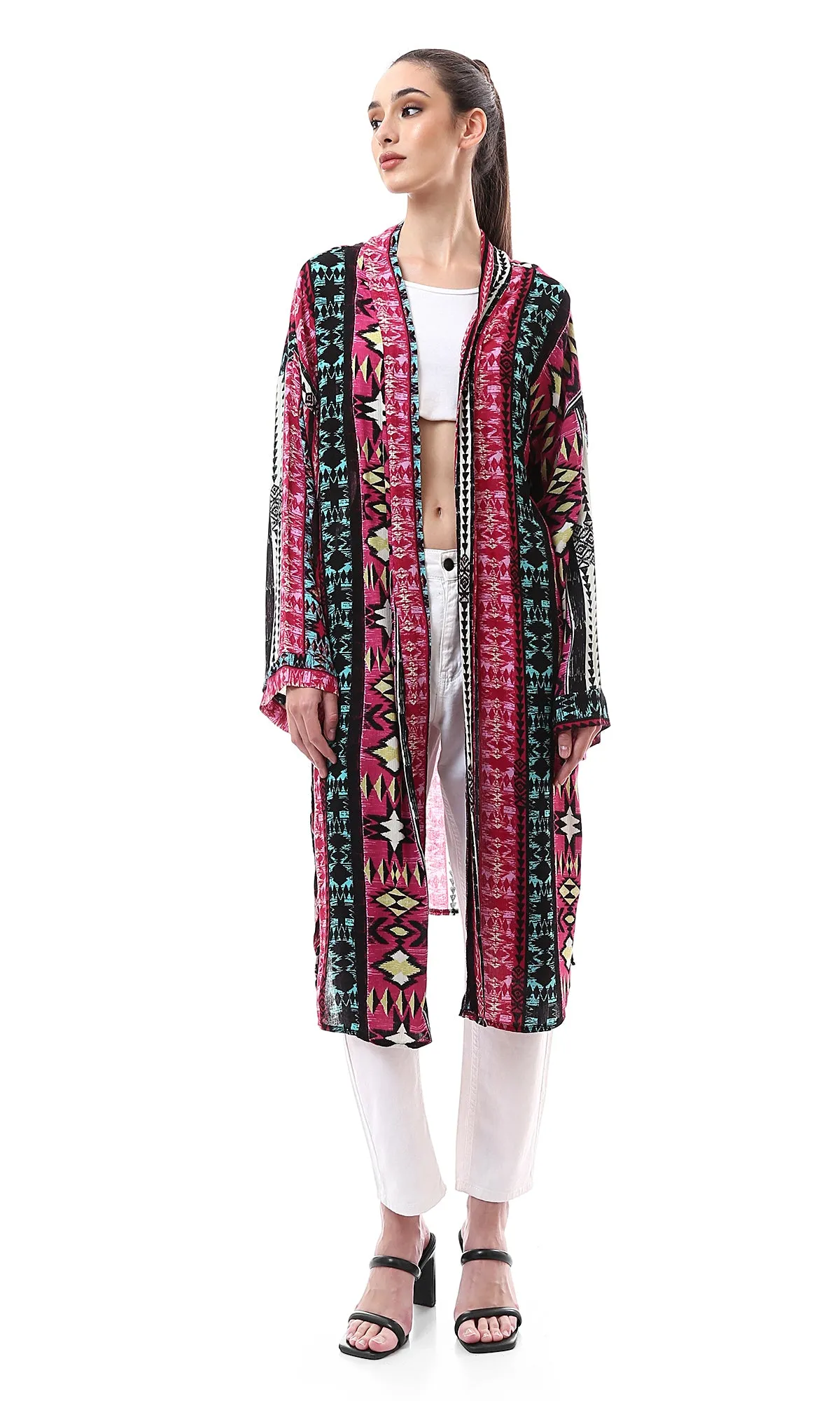 99010 Multi-Patterns Lightweight Cardigan With Slits - Multicolour