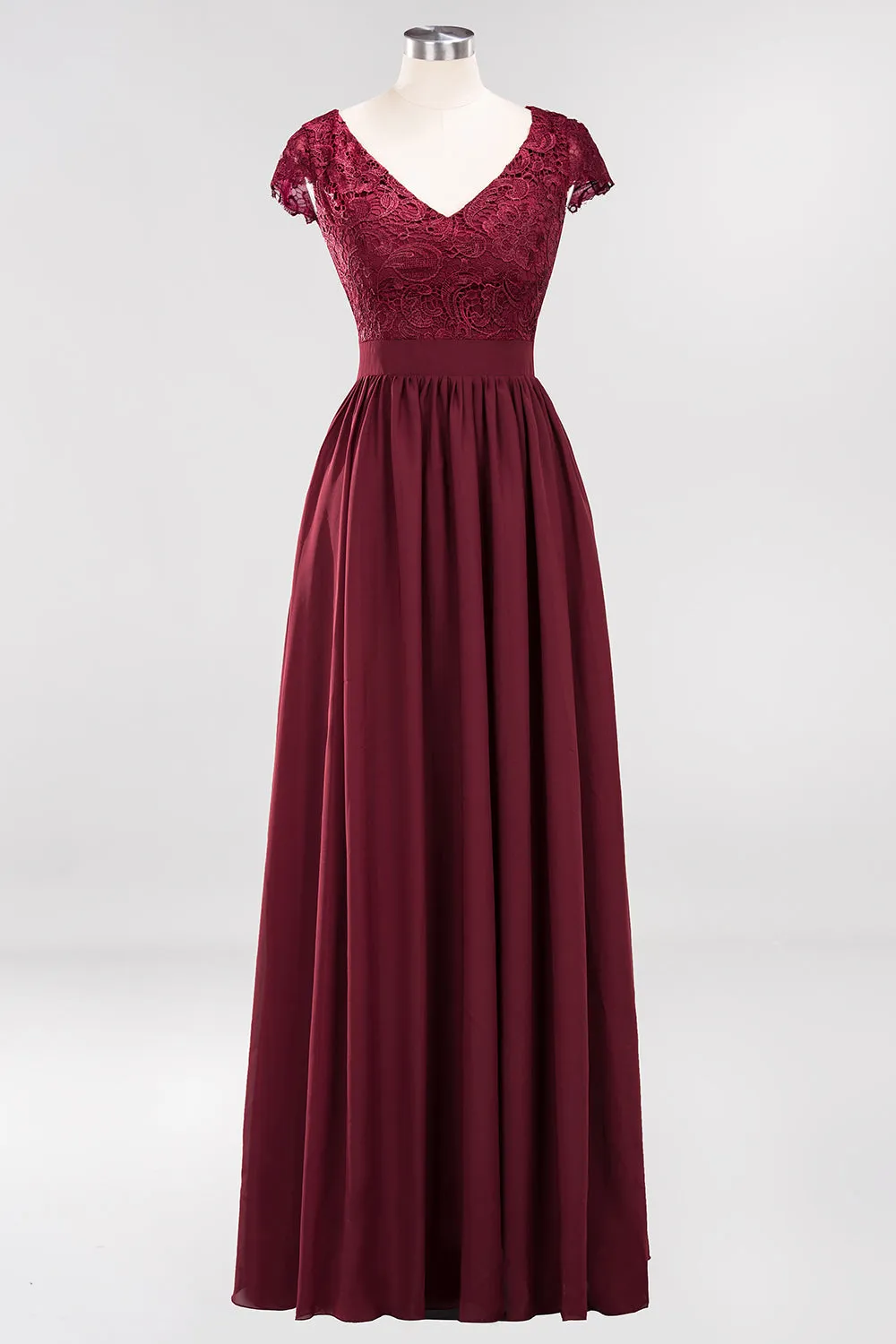 A-line Chiffon Lace V-Neck Sleeveless Long Bridesmaid Dresses with Ruffles