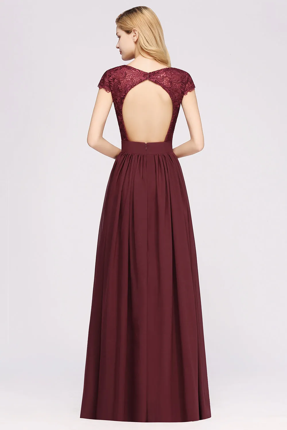 A-line Chiffon Lace V-Neck Sleeveless Long Bridesmaid Dresses with Ruffles