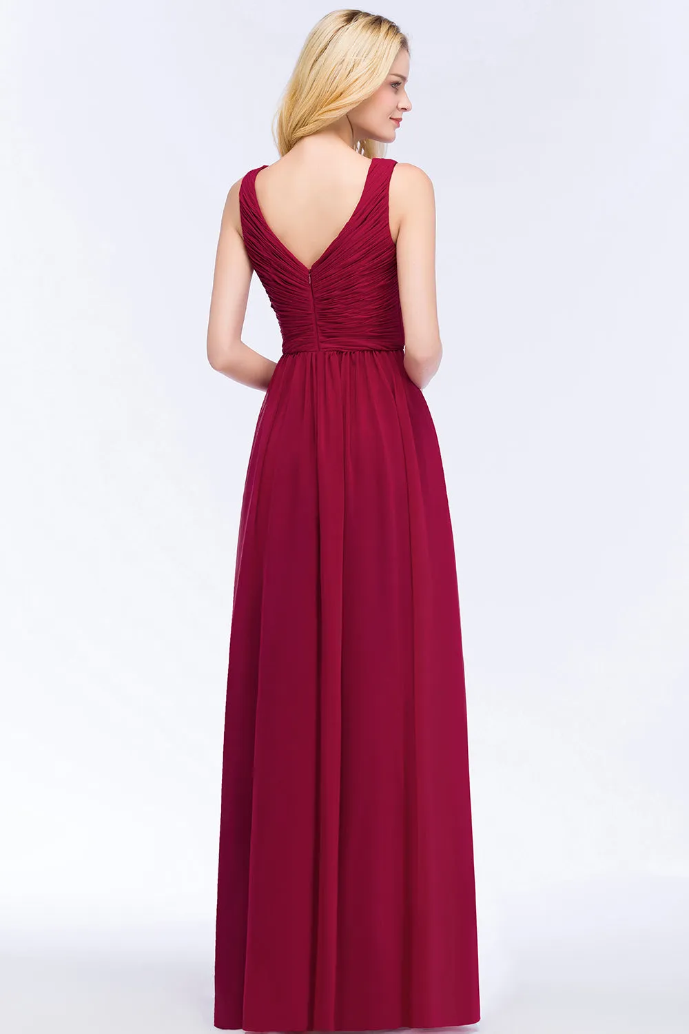 A-line Chiffon V-Neck Sleeveless Ruffles Long Backless Bridesmaid Dress