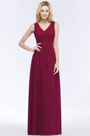 A-line Chiffon V-Neck Sleeveless Ruffles Long Backless Bridesmaid Dress