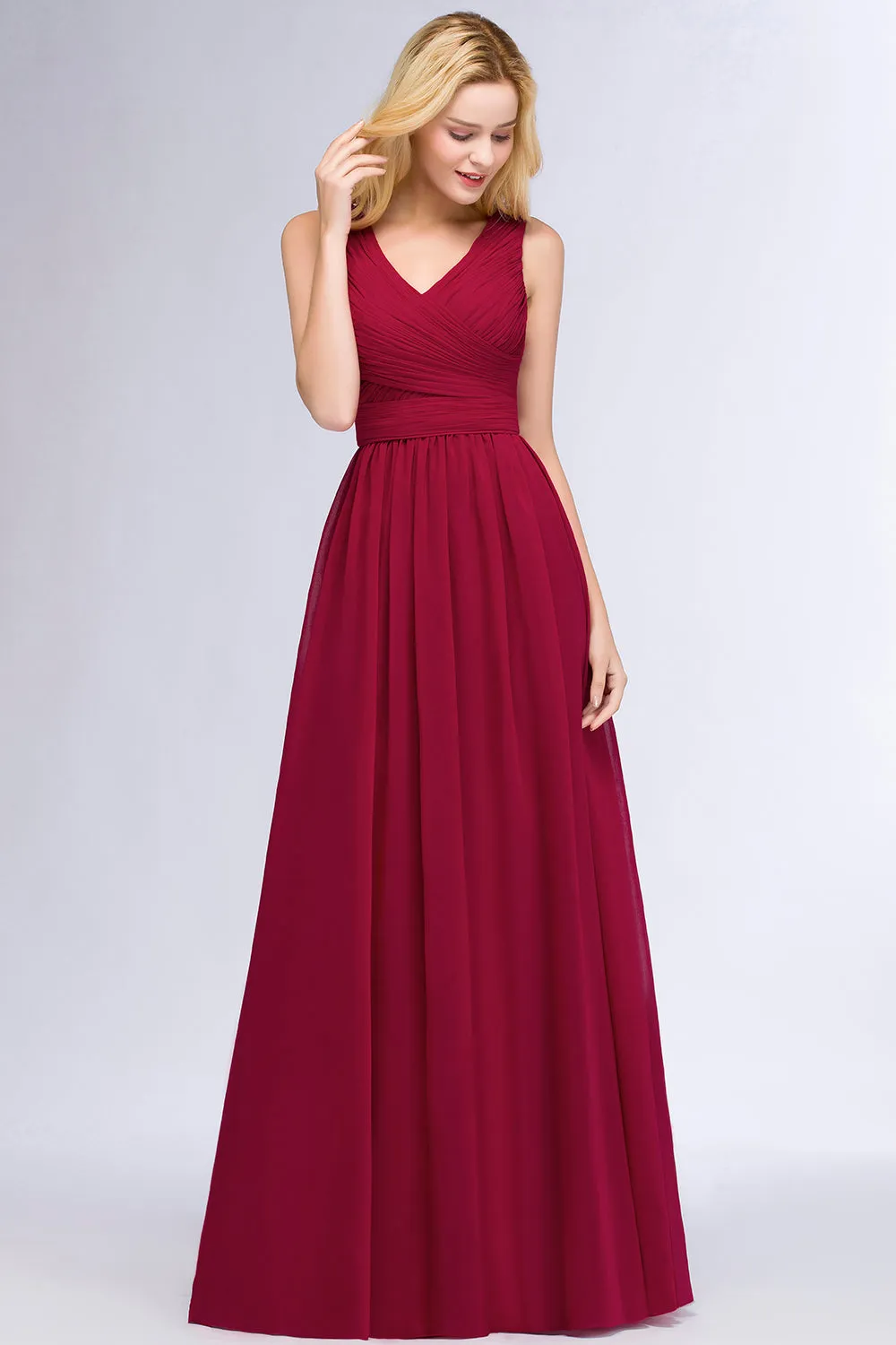 A-line Chiffon V-Neck Sleeveless Ruffles Long Backless Bridesmaid Dress