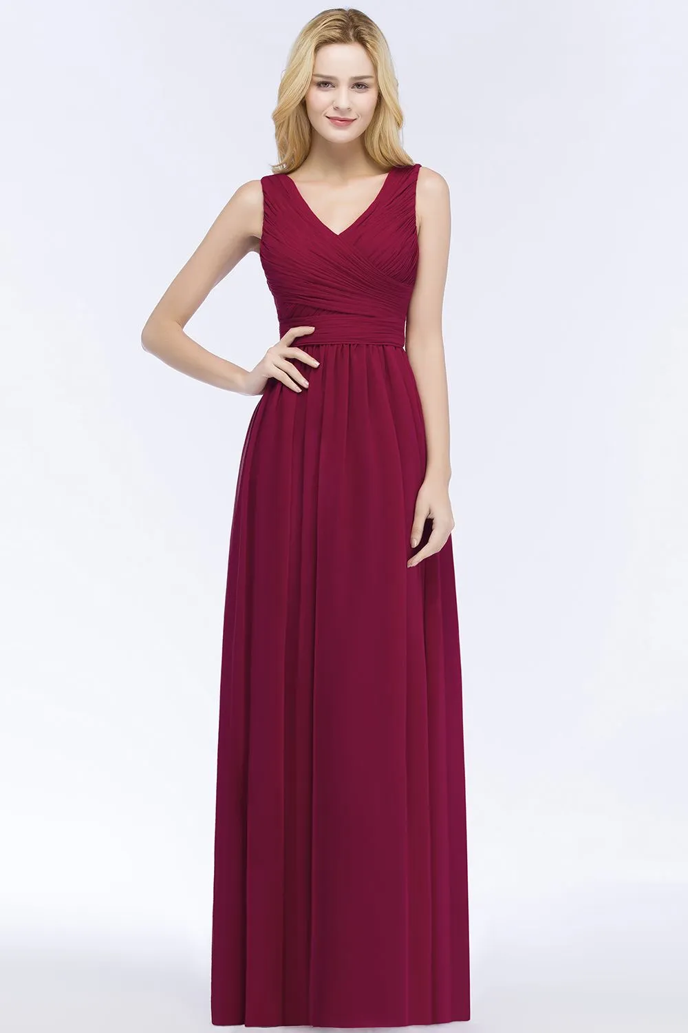 A-line Chiffon V-Neck Sleeveless Ruffles Long Backless Bridesmaid Dress