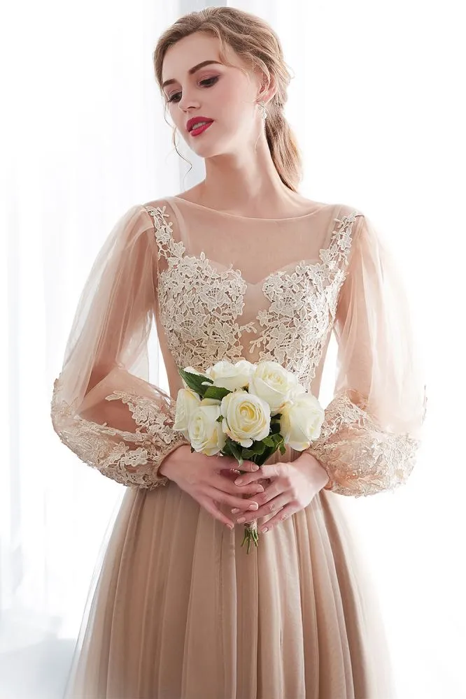 A-line Long Sleeves Appliques Tulle Champagne Evening Dress