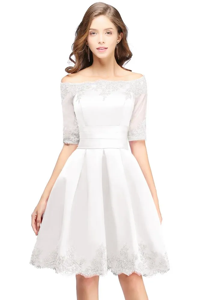 A-line Off-shoulder Half Sleeves Short Lace Appliques Prom Dresses