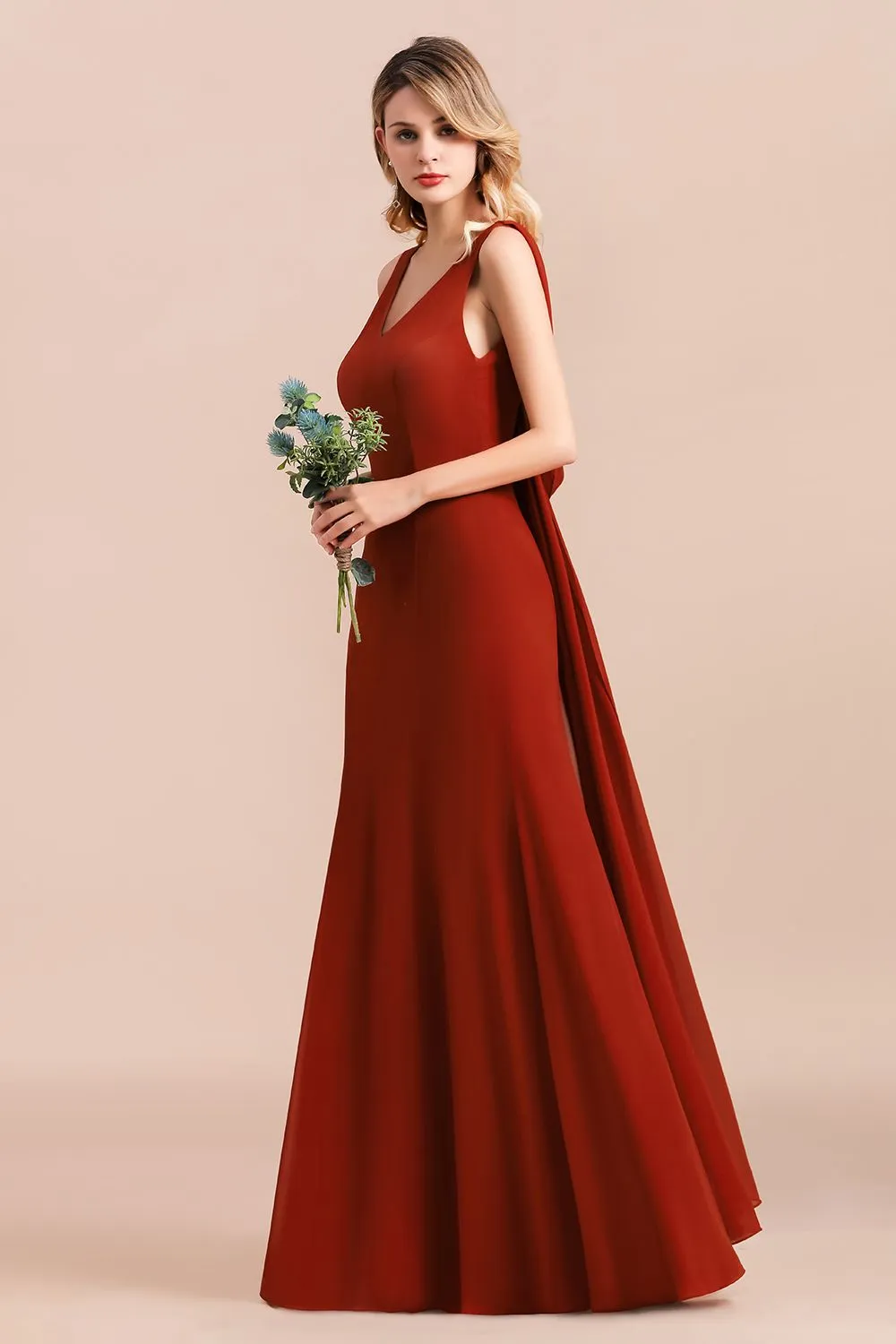 A-Line V-neck Backless Wedding Party Dress Wide Straps Chiffon Bridesmaid Dress