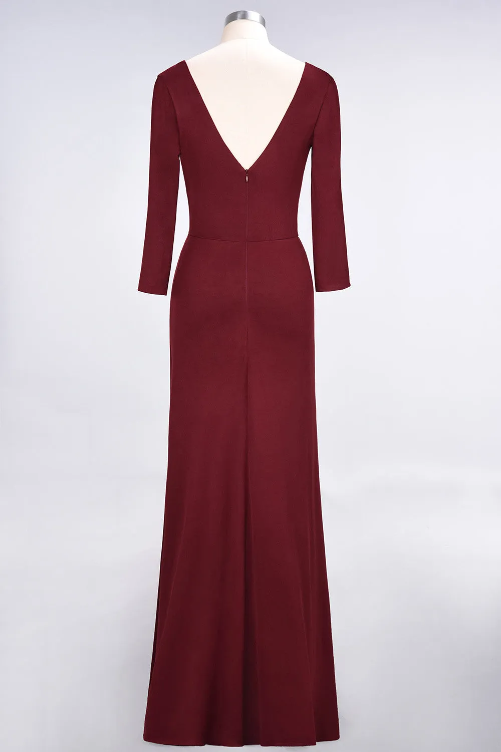 A-Line V-Neck Long Sleeves Burgundy Bridesmaid Dress with Slit