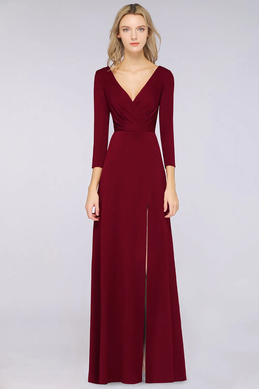 A-Line V-Neck Long Sleeves Burgundy Bridesmaid Dress with Slit