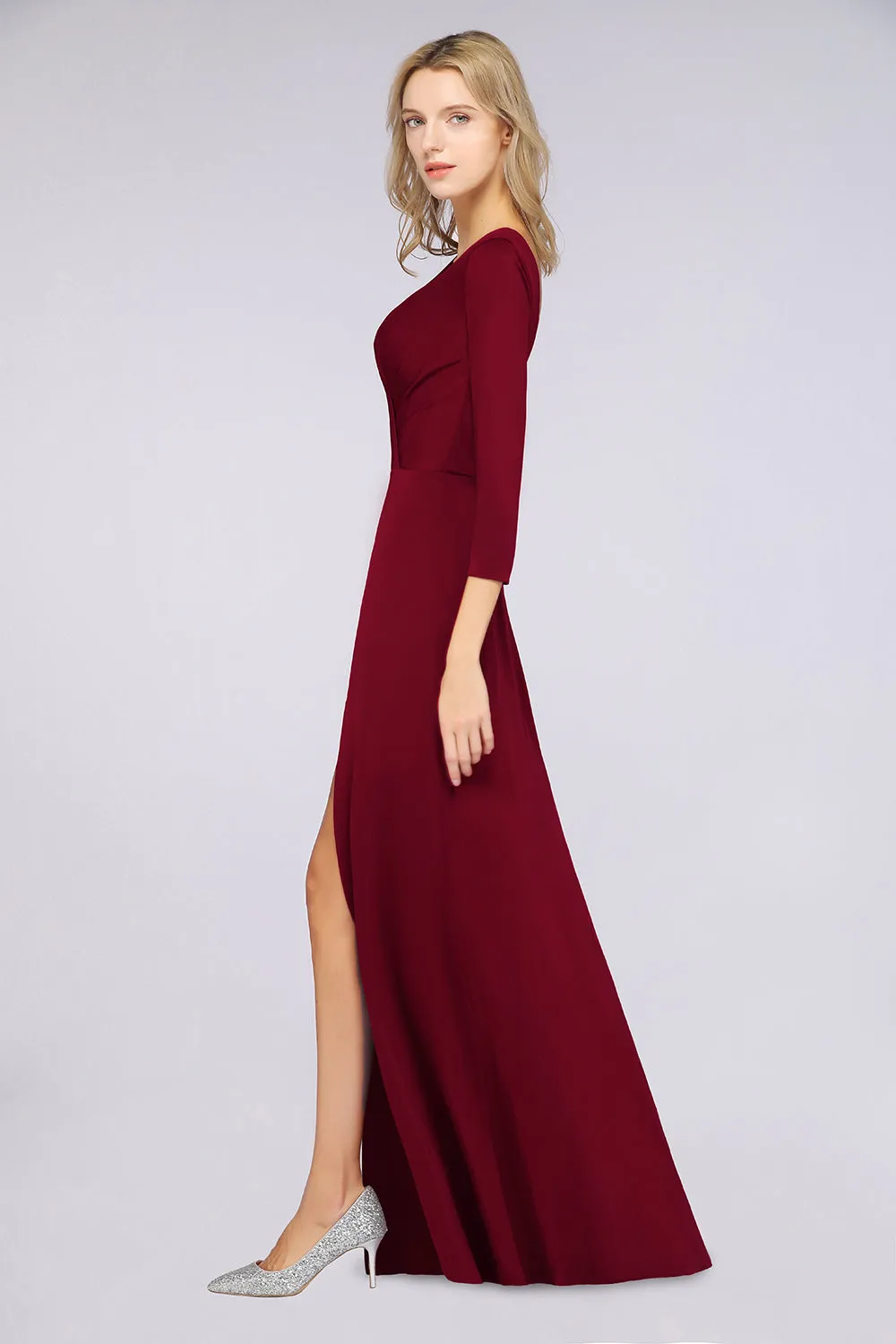 A-Line V-Neck Long Sleeves Burgundy Bridesmaid Dress with Slit