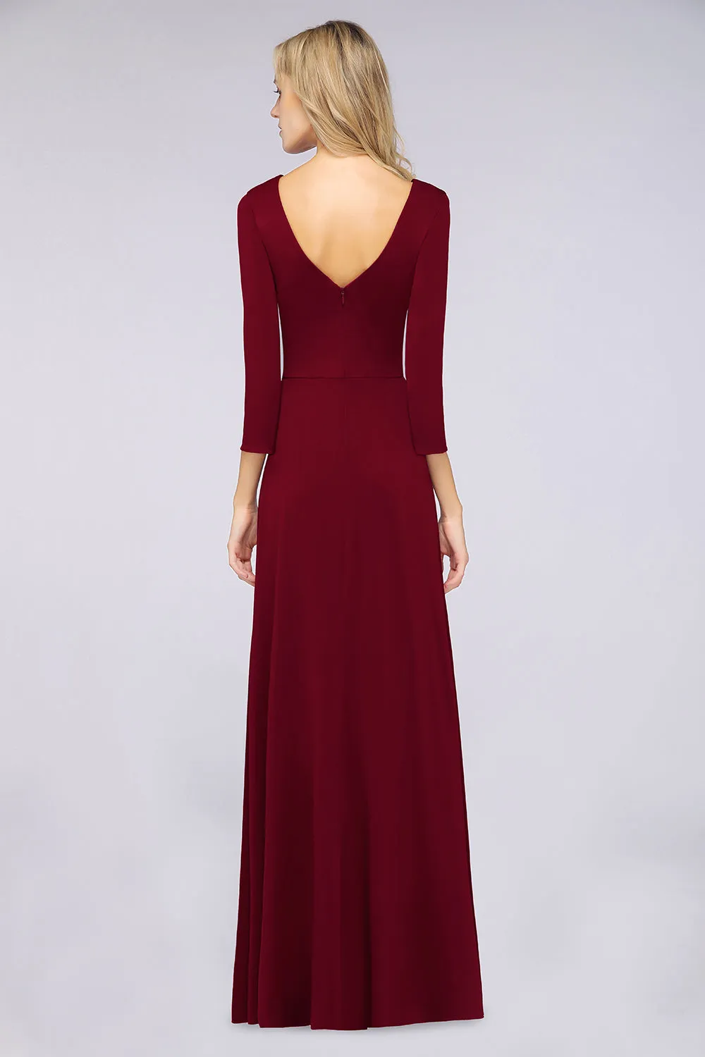 A-Line V-Neck Long Sleeves Burgundy Bridesmaid Dress with Slit