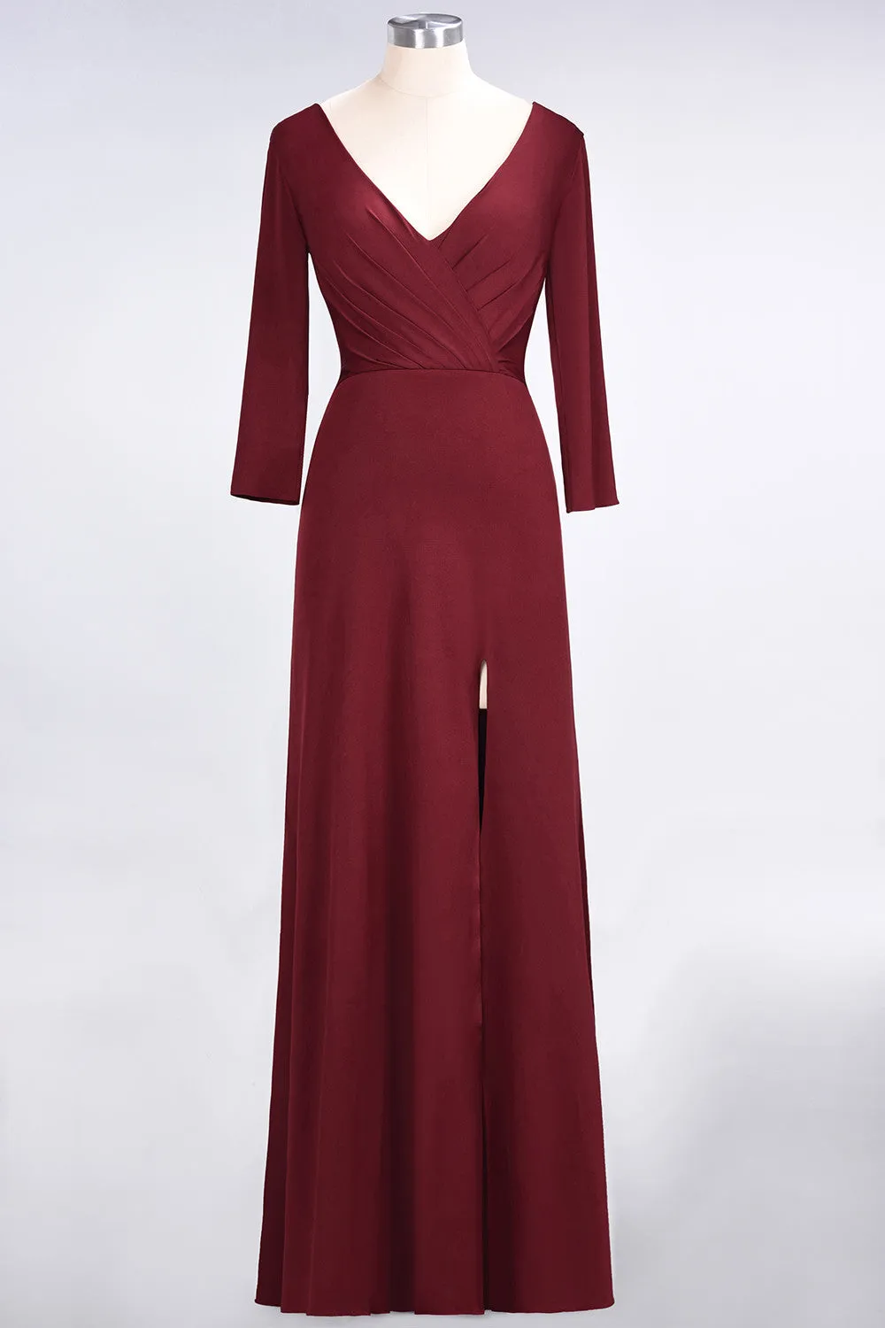 A-Line V-Neck Long Sleeves Burgundy Bridesmaid Dress with Slit