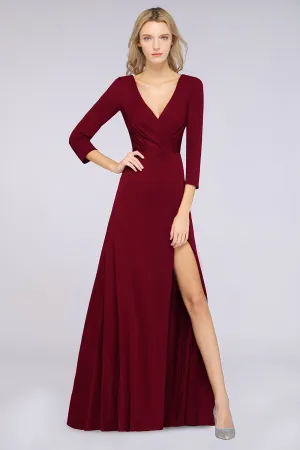 A-Line V-Neck Long Sleeves Burgundy Bridesmaid Dress with Slit