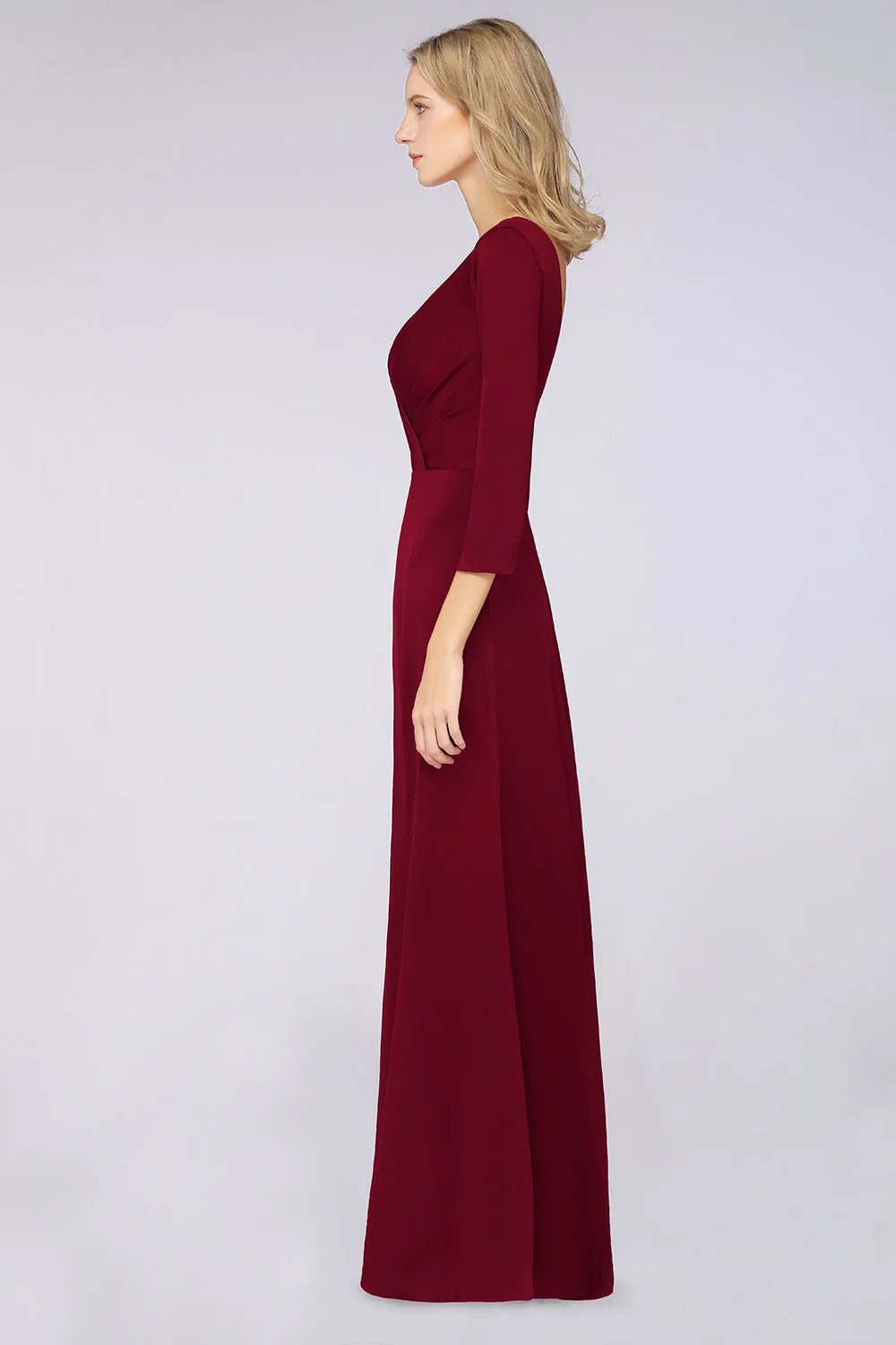 A-Line V-Neck Long Sleeves Burgundy Bridesmaid Dress with Slit