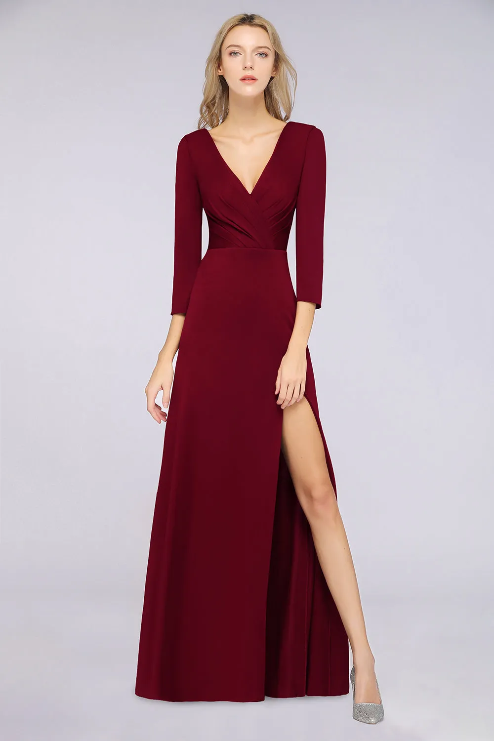 A-Line V-Neck Long Sleeves Burgundy Bridesmaid Dress with Slit