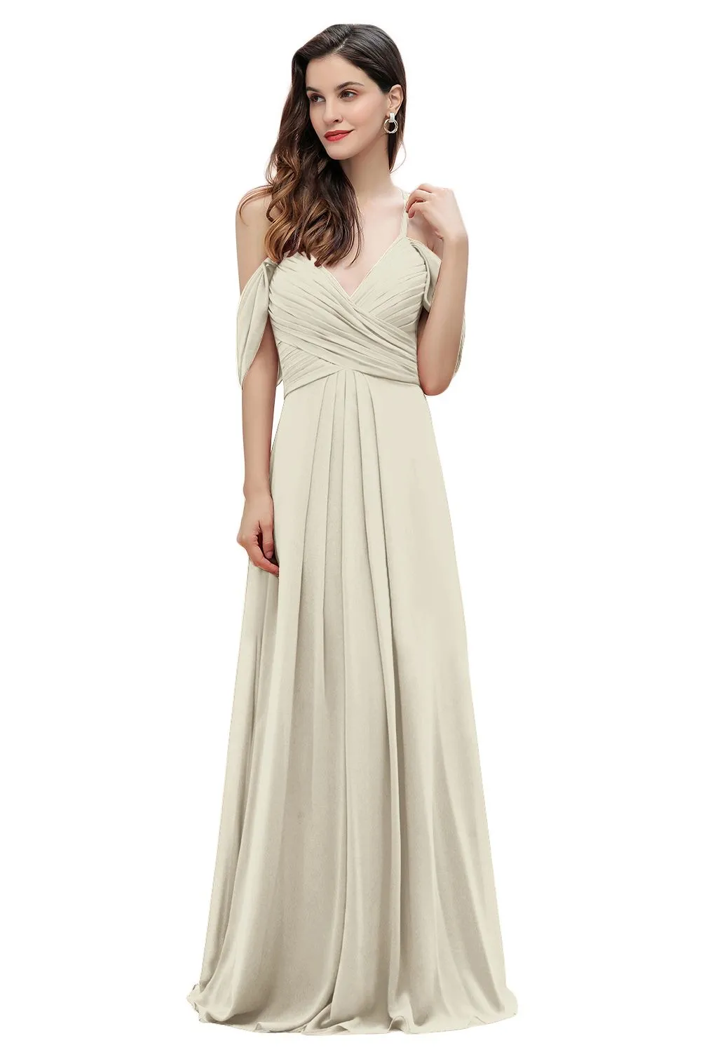 A-Line V-neck Off-the-Shoulder Chiffon Bridesmaid Dress Long Wedding Party Dress