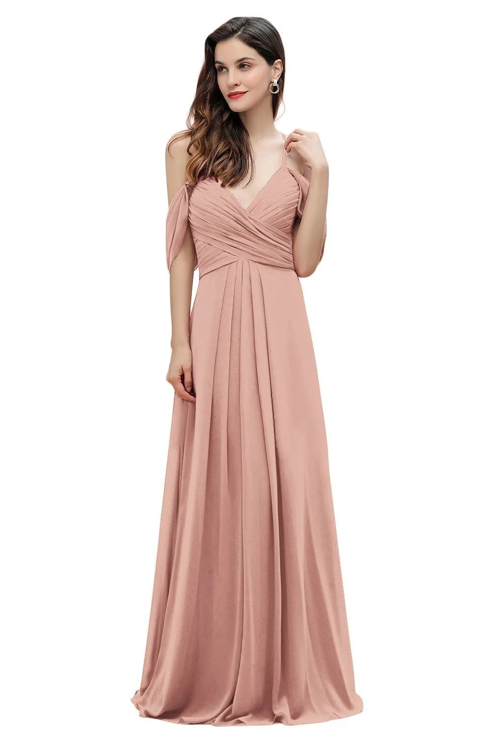 A-Line V-neck Off-the-Shoulder Chiffon Bridesmaid Dress Long Wedding Party Dress