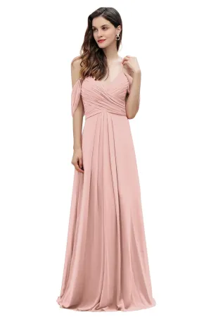 A-Line V-neck Off-the-Shoulder Chiffon Bridesmaid Dress Long Wedding Party Dress