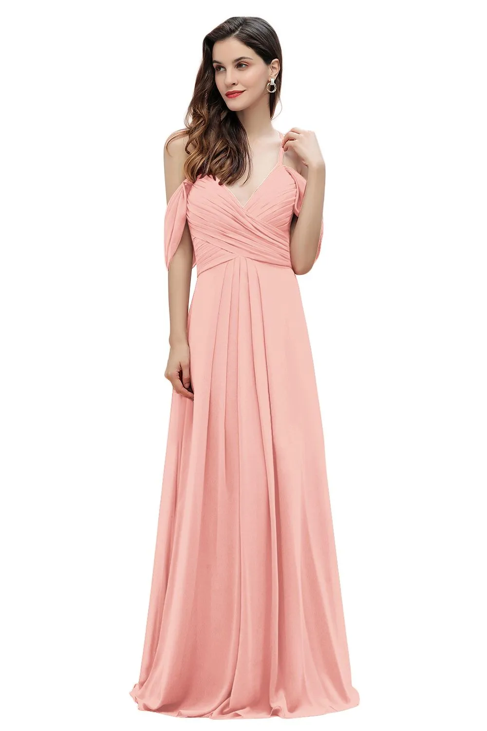 A-Line V-neck Off-the-Shoulder Chiffon Bridesmaid Dress Long Wedding Party Dress