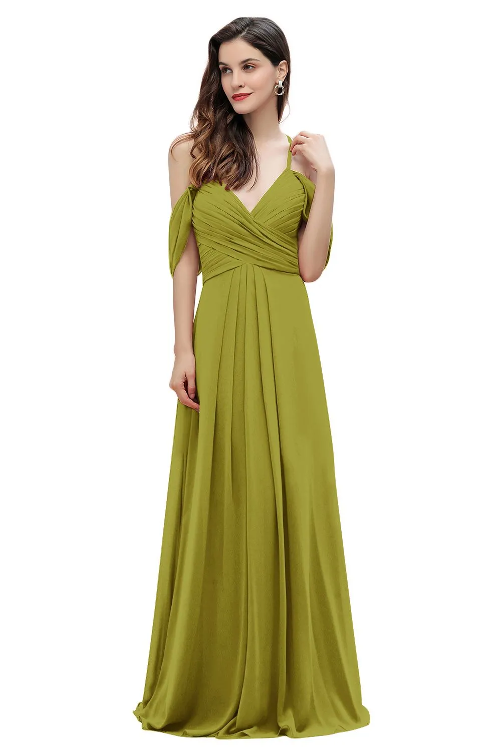 A-Line V-neck Off-the-Shoulder Chiffon Bridesmaid Dress Long Wedding Party Dress