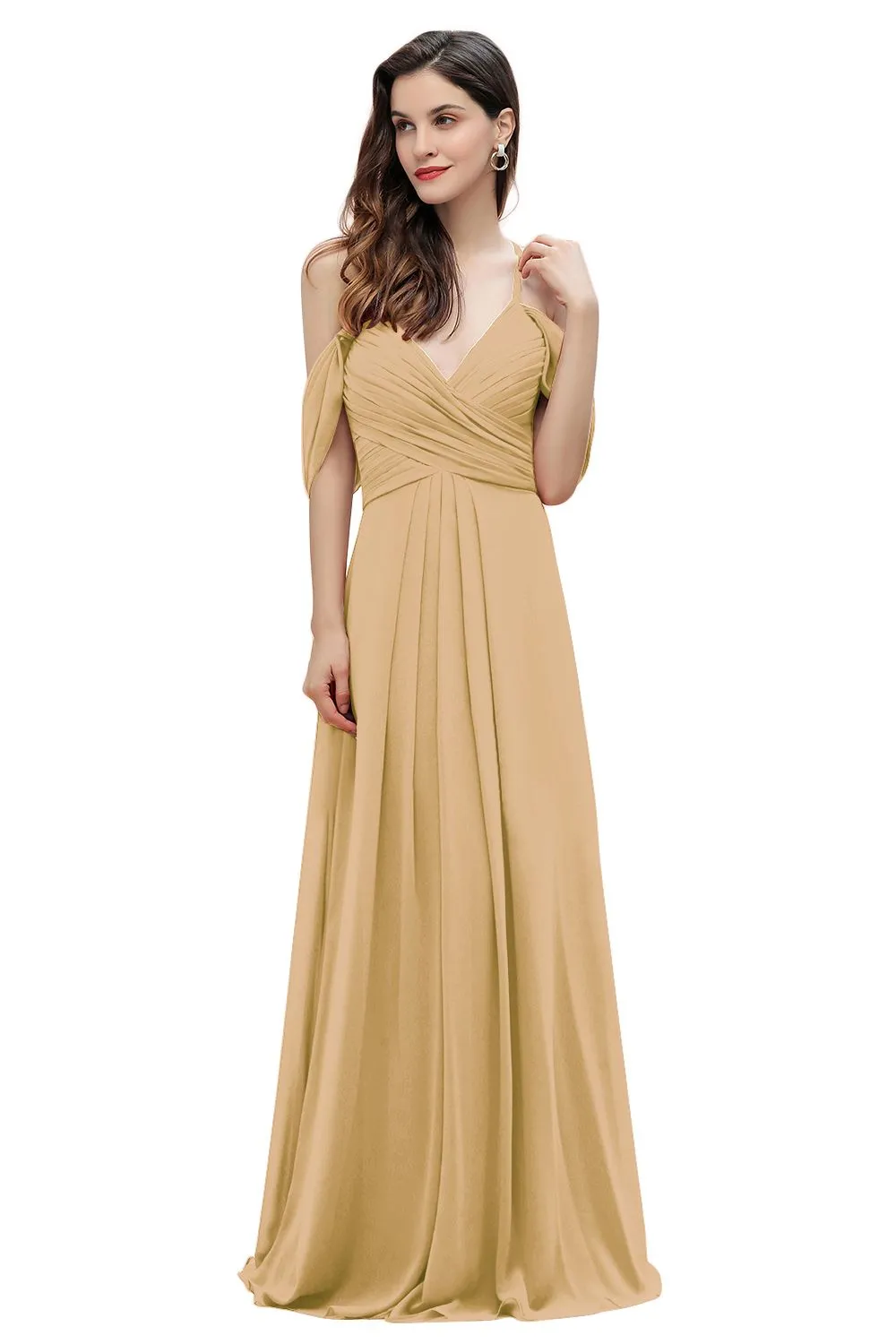 A-Line V-neck Off-the-Shoulder Chiffon Bridesmaid Dress Long Wedding Party Dress