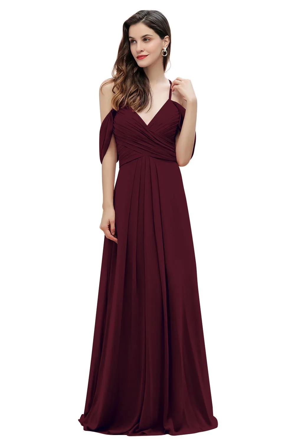 A-Line V-neck Off-the-Shoulder Chiffon Bridesmaid Dress Long Wedding Party Dress