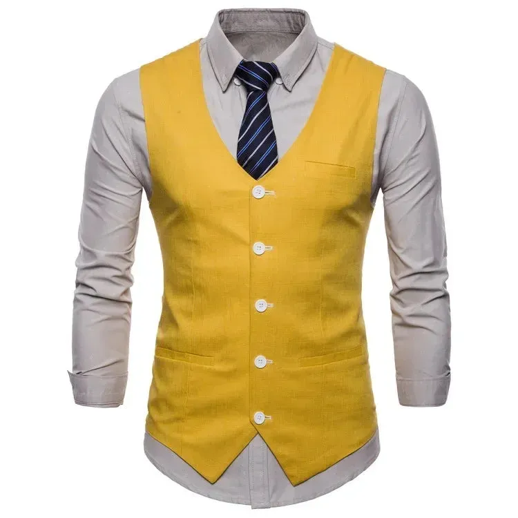 Aidase British Style Men Orange Vest Candy Colors Casual Slim V-neck Sleeveless Blazer Cute Waistcoat Plus Size 3xl 4xl Men Suit Vest