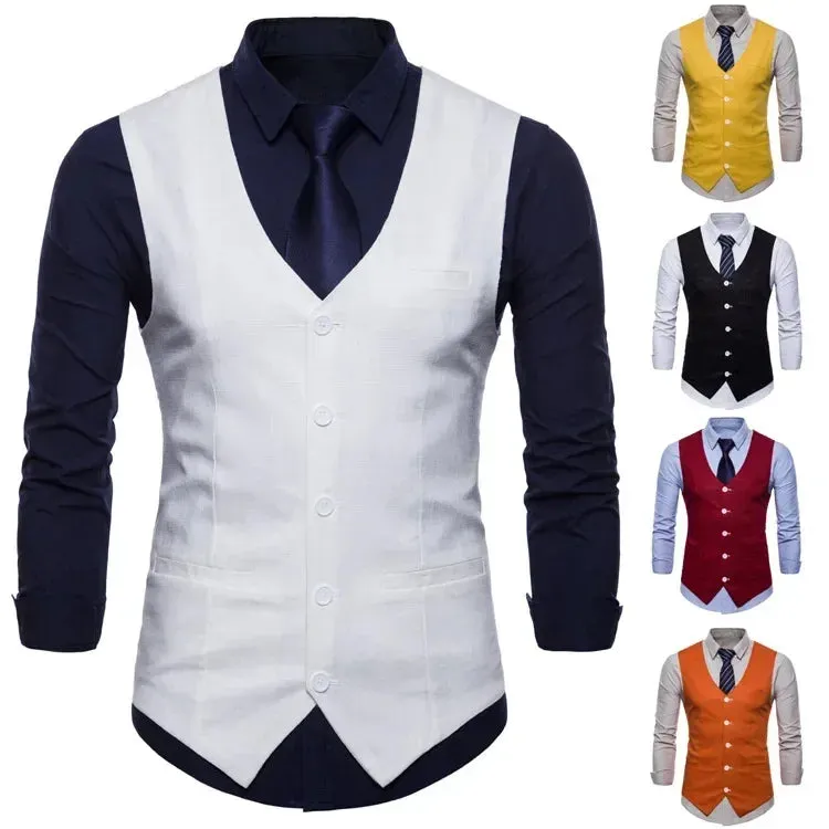 Aidase British Style Men Orange Vest Candy Colors Casual Slim V-neck Sleeveless Blazer Cute Waistcoat Plus Size 3xl 4xl Men Suit Vest