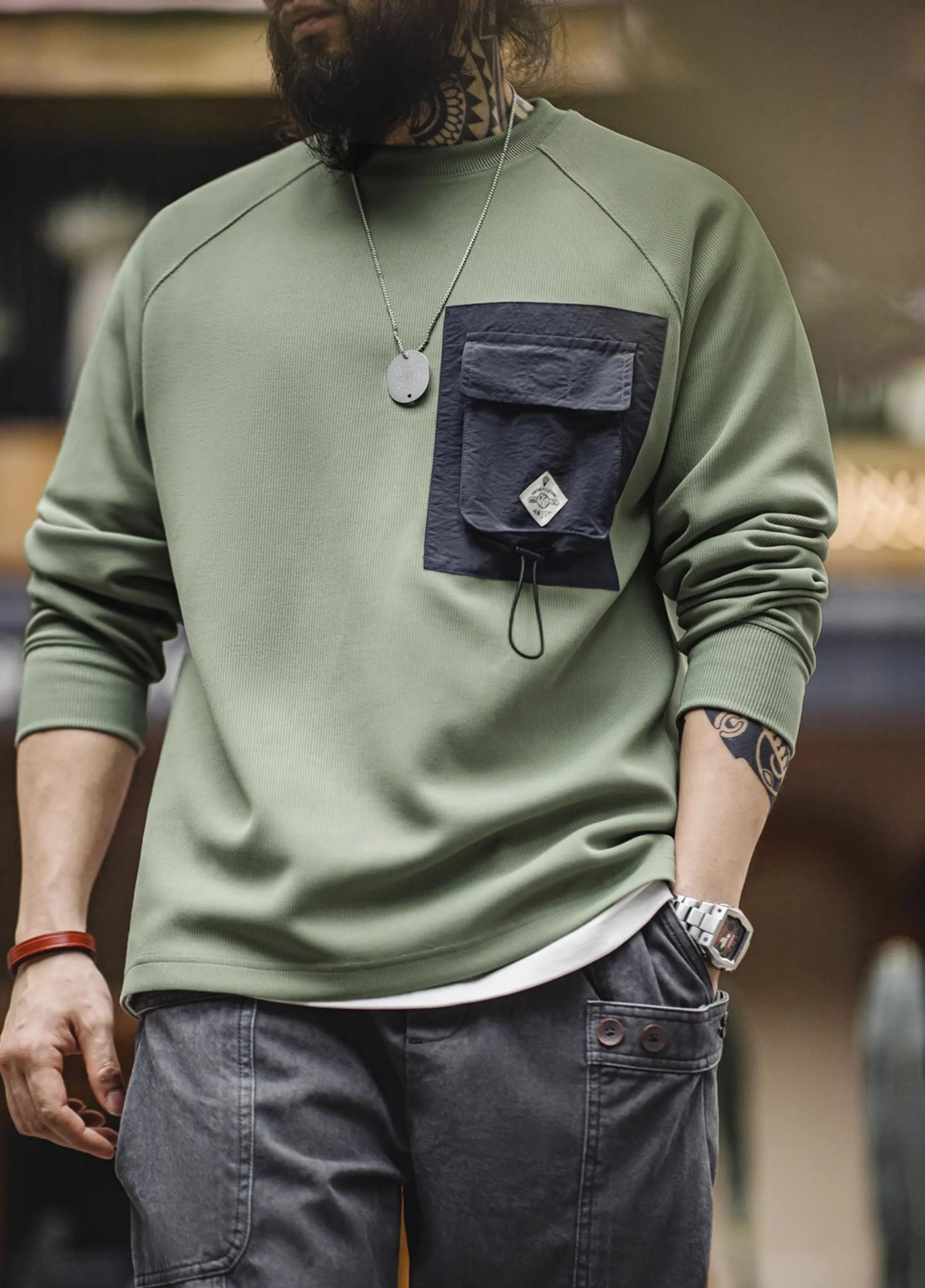 American Mountain Contrast Color Pocket Functional Knitted Men's Sweater