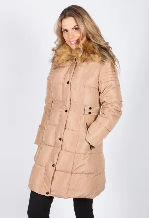 Beige Belted Coat with Detachable Faux Fur Collar