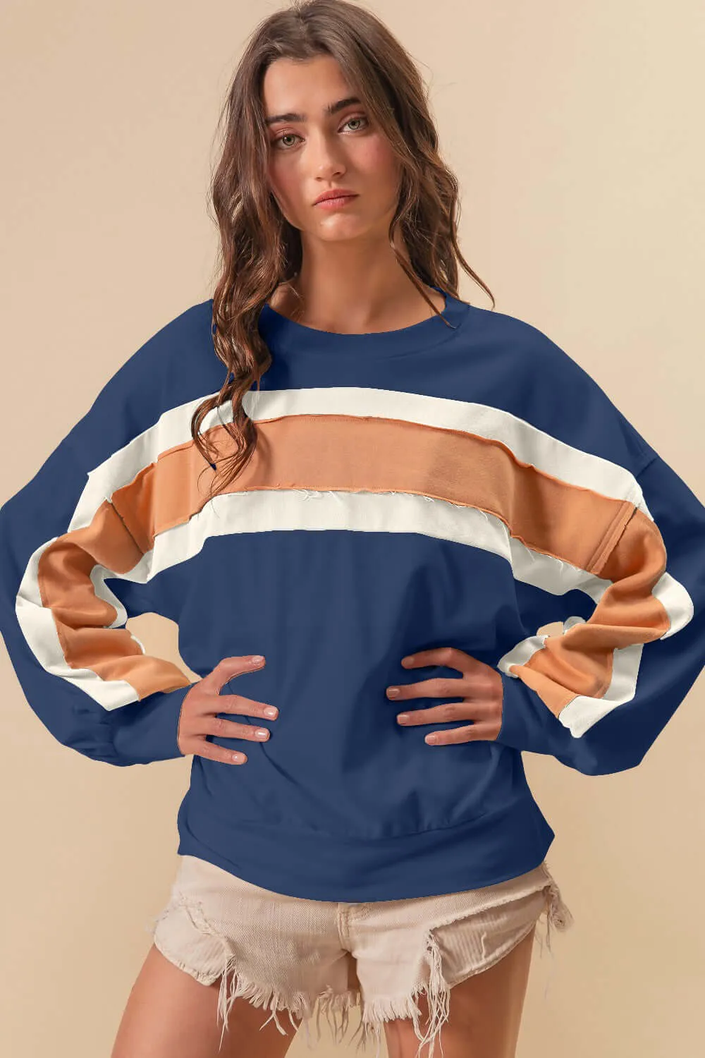 Blue French Terry Color Block Cut Edge Detail Sweatshirt