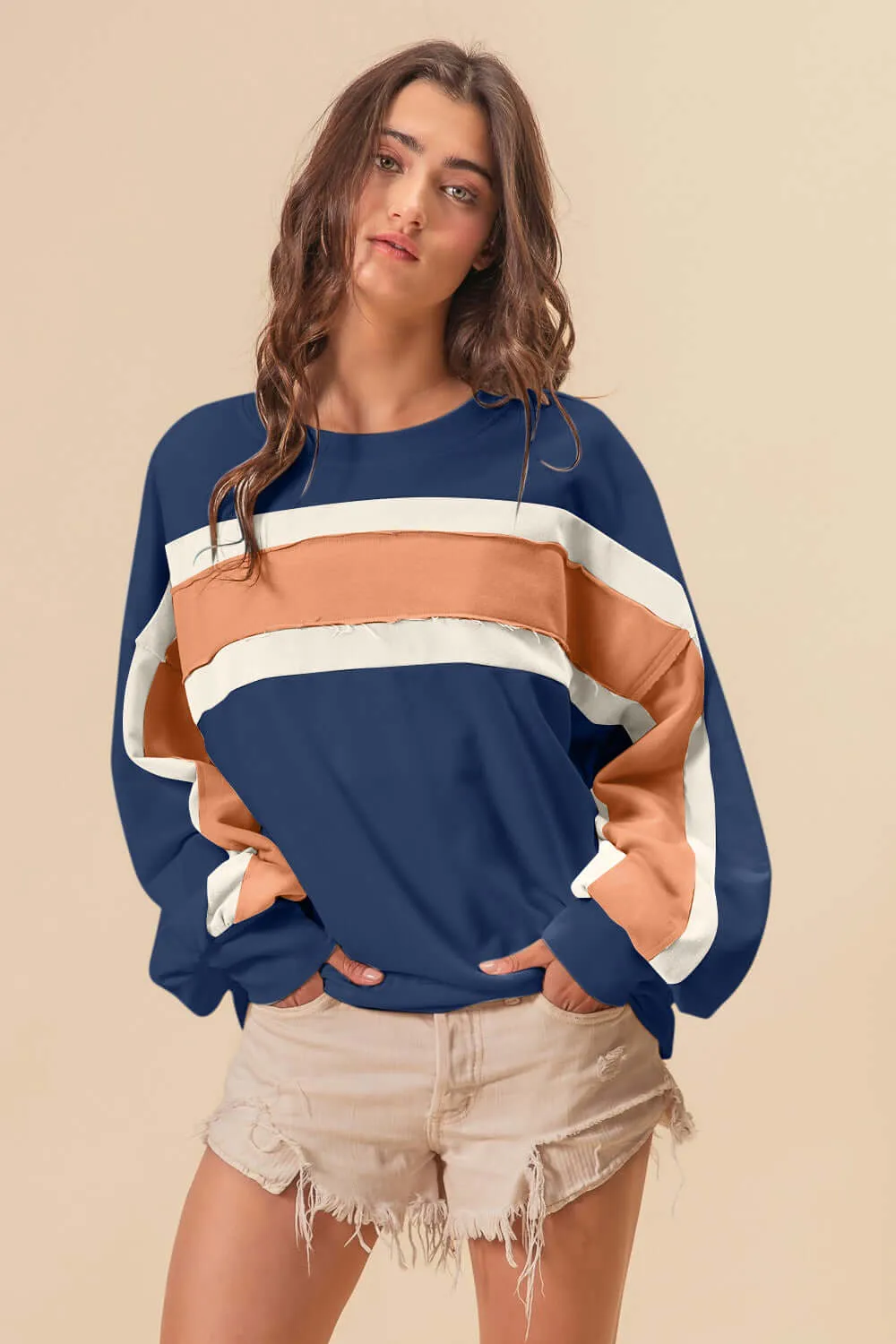 Blue French Terry Color Block Cut Edge Detail Sweatshirt