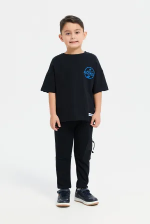 Boys Black Track Pants With Zipper Side Pocket