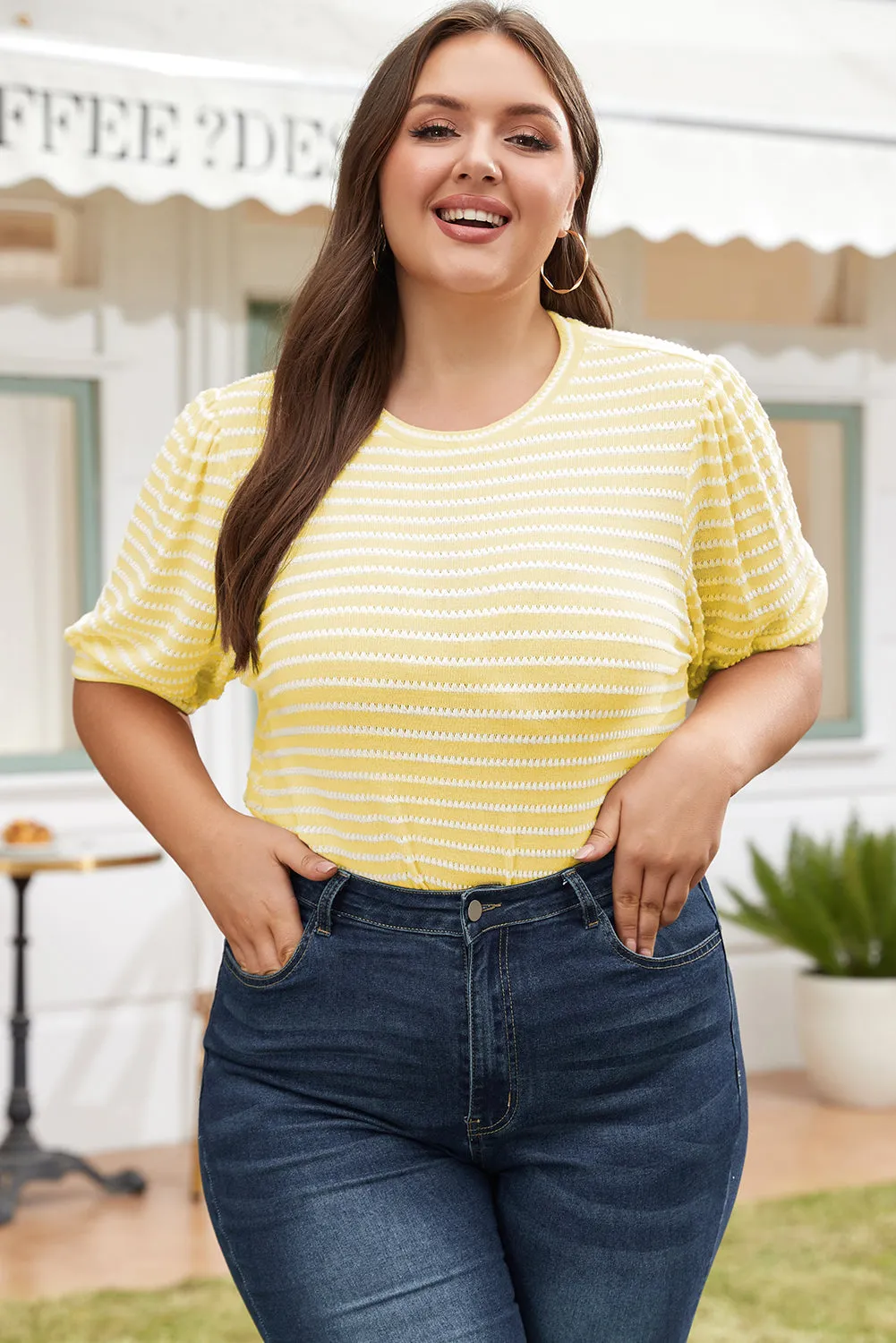 Carly Stripe Short Puff Sleeve Plus Size Jumper