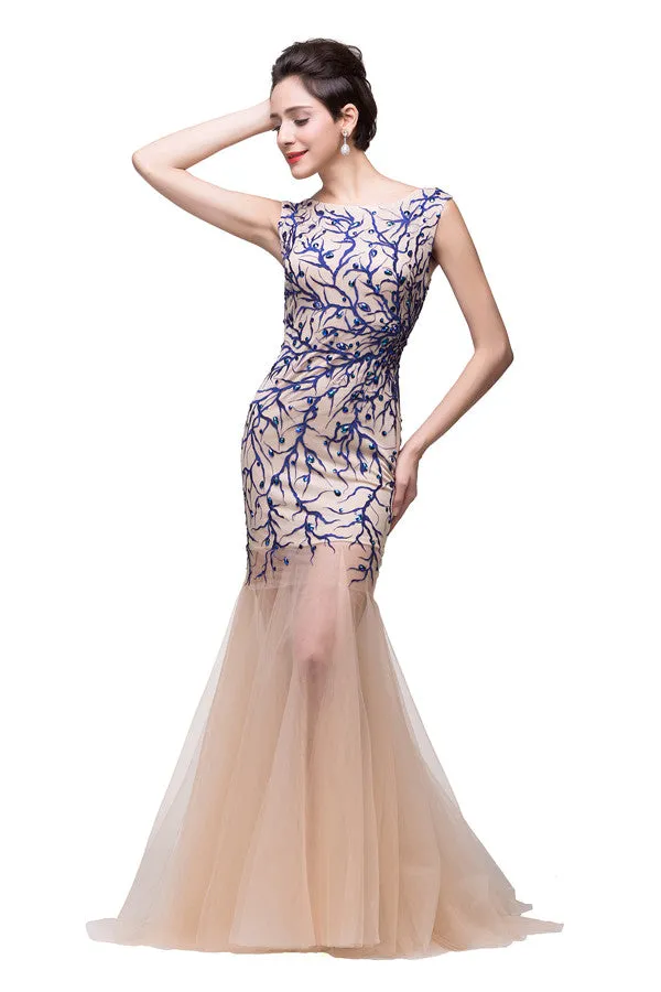 Champagne Crew Sweep-length Mermaid Tulle Prom Dresses