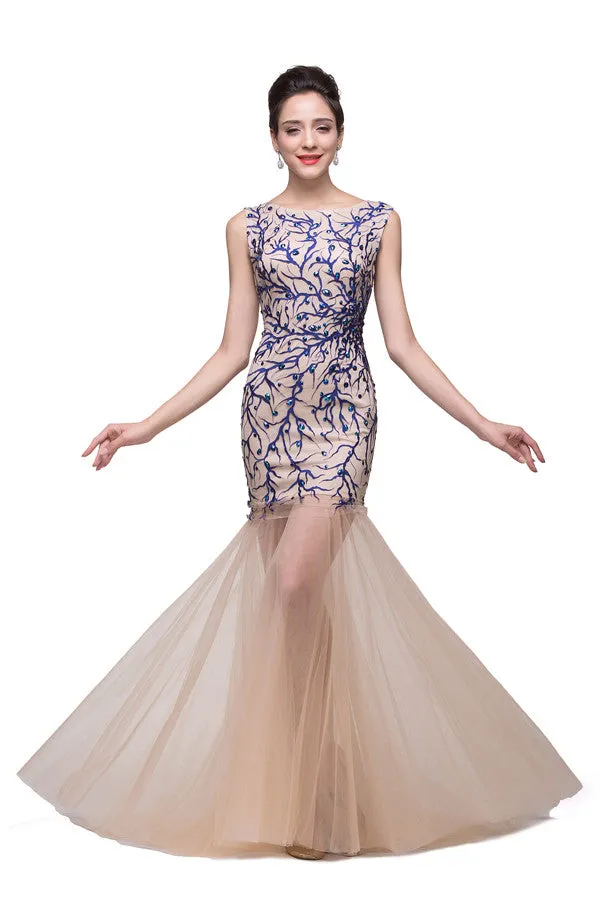 Champagne Crew Sweep-length Mermaid Tulle Prom Dresses