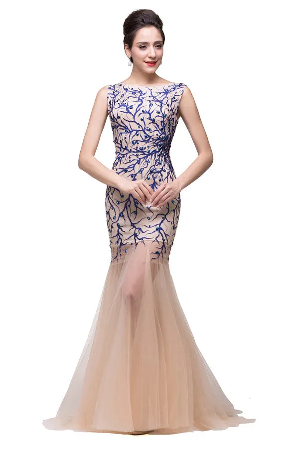 Champagne Crew Sweep-length Mermaid Tulle Prom Dresses