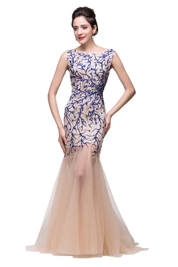 Champagne Crew Sweep-length Mermaid Tulle Prom Dresses