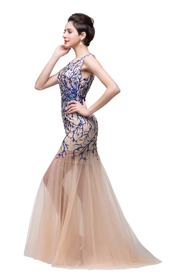 Champagne Crew Sweep-length Mermaid Tulle Prom Dresses