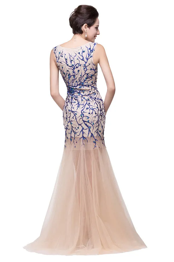 Champagne Crew Sweep-length Mermaid Tulle Prom Dresses