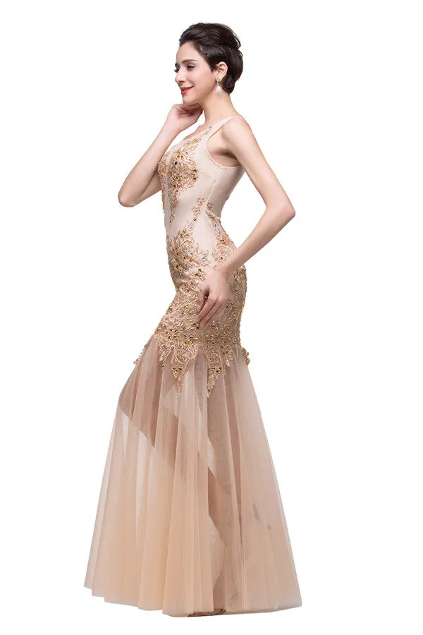 Champagne Scoop Mermaid Floor-length Appliques Prom Dresses