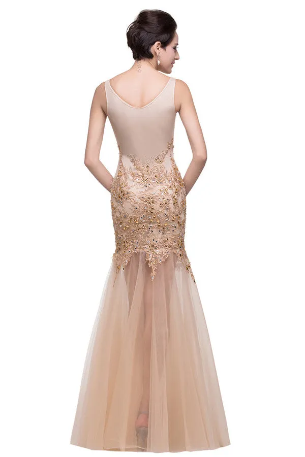 Champagne Scoop Mermaid Floor-length Appliques Prom Dresses