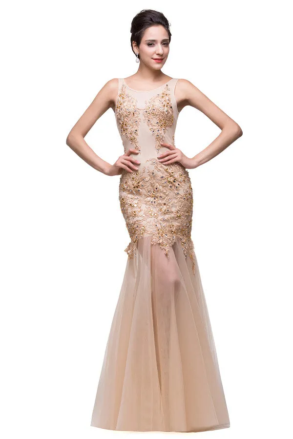 Champagne Scoop Mermaid Floor-length Appliques Prom Dresses