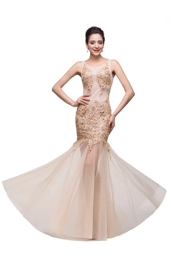 Champagne Scoop Mermaid Floor-length Appliques Prom Dresses