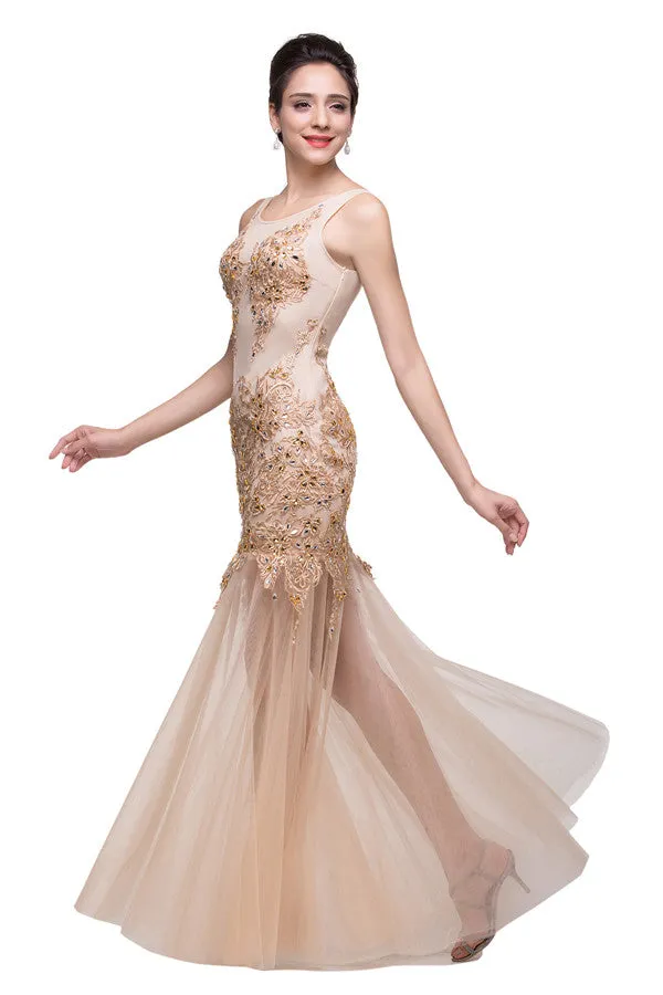 Champagne Scoop Mermaid Floor-length Appliques Prom Dresses