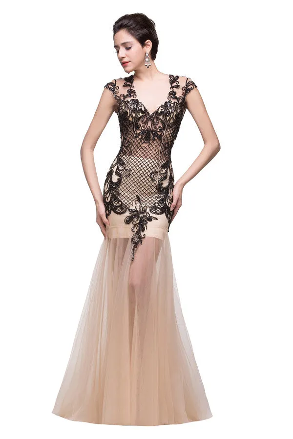 Champagne V-Neck Mermaid Floor-length Prom Dresses